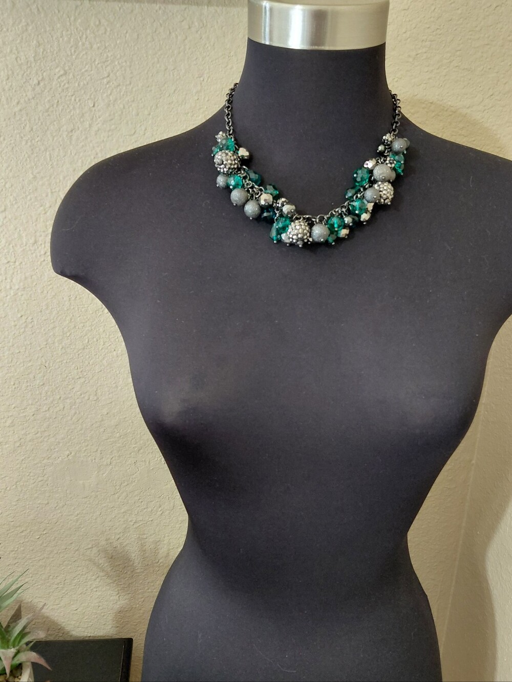 Silver Green Rhinestone Clustwr Necklace